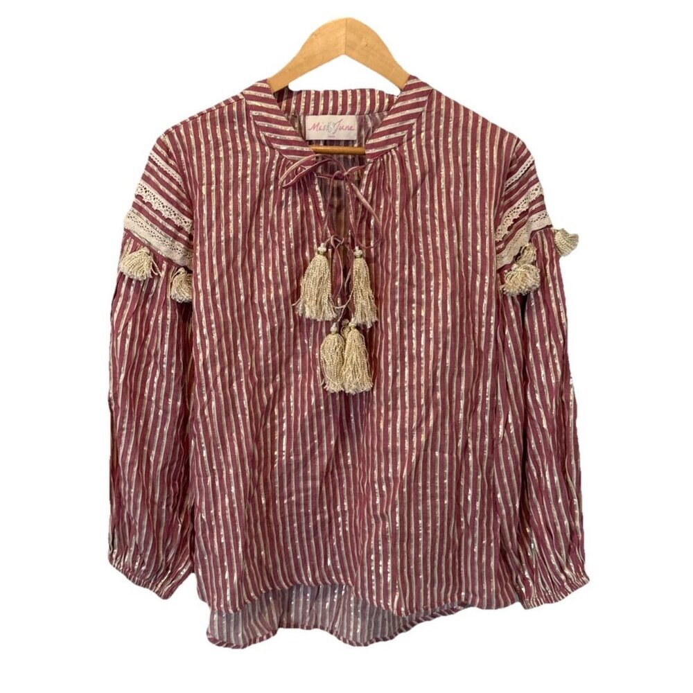 Miss June Paris Boho Striped Tassel Tie Neck Long Sleeve Blouse Top M